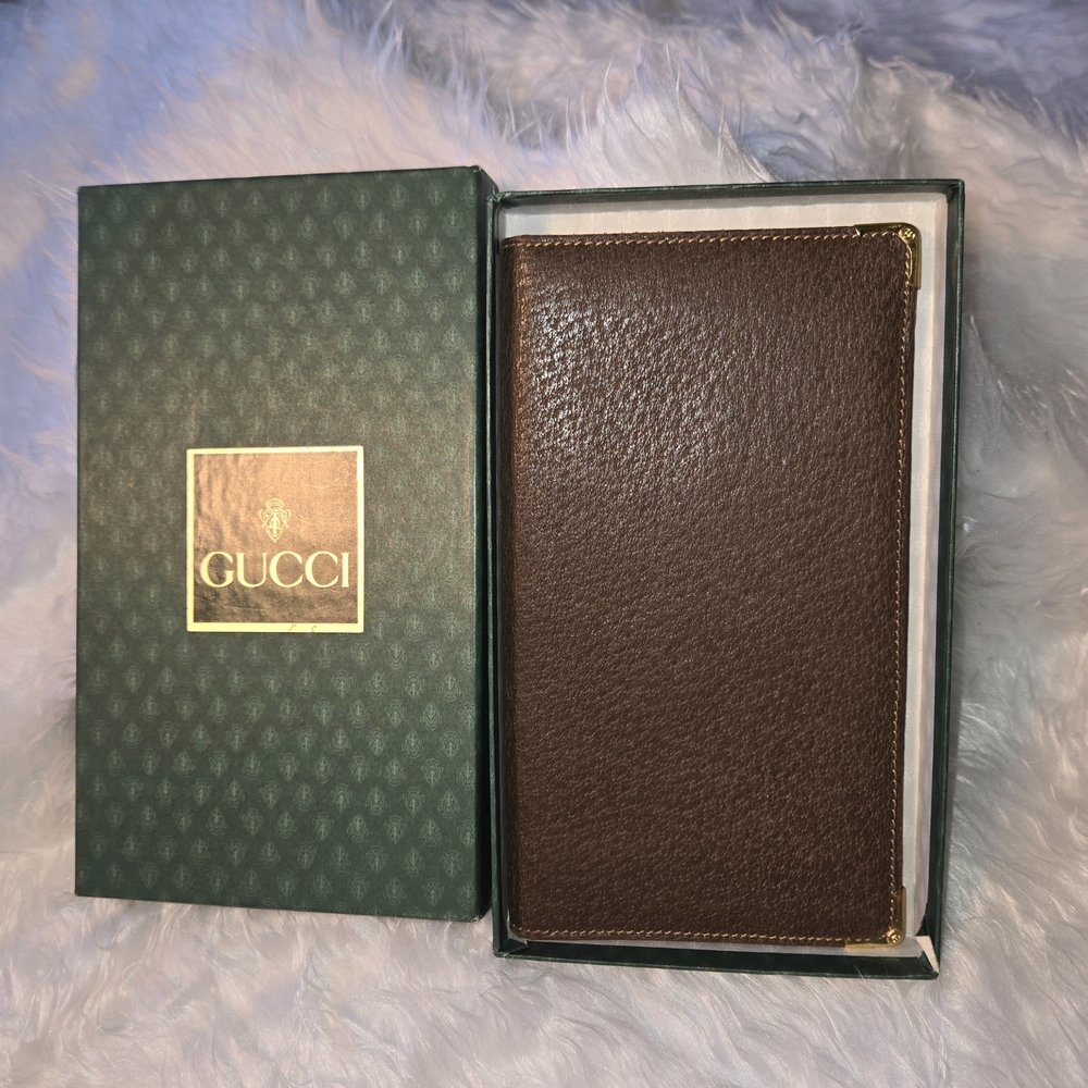 Gucci Vintage Brown Leather Long Bifold RARE Find Men's Breast Pocket Wallet